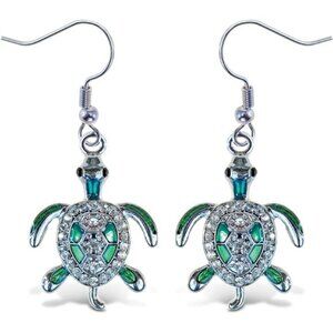 Sparkling Green Sea Turtle Drop Earrings Silver Tone Cute Ocean Animal Jewelry